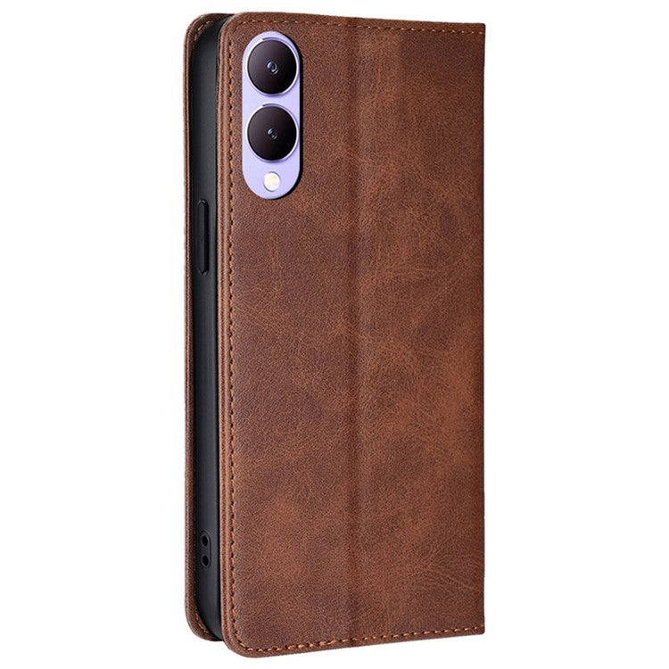 For vivo Y17s 4G Magnetic Case PU Leather+TPU Calf Texture Scratch-proof Phone Protector - Brown