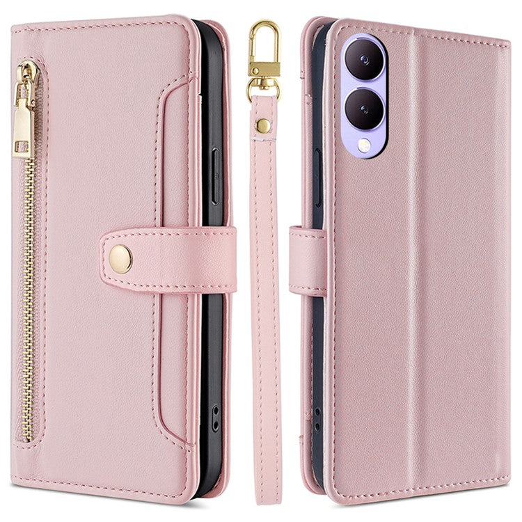 Wallet Case for vivo Y17s 4G Zipper Pocket Purse with Shoulder Wrist Strap PU Leather Phone Cover - Pink