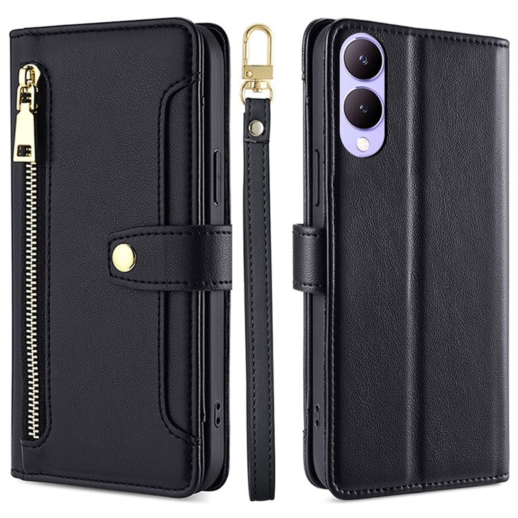 Wallet Case for vivo Y17s 4G Zipper Pocket Purse with Shoulder Wrist Strap PU Leather Phone Cover - Black