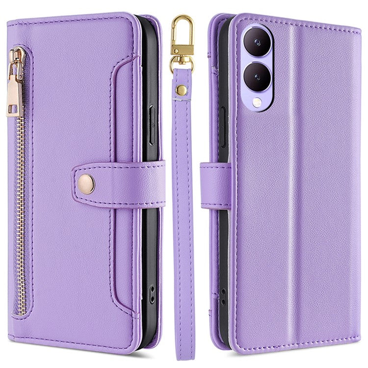 Wallet Case for vivo Y17s 4G Zipper Pocket Purse with Shoulder Wrist Strap PU Leather Phone Cover - Purple