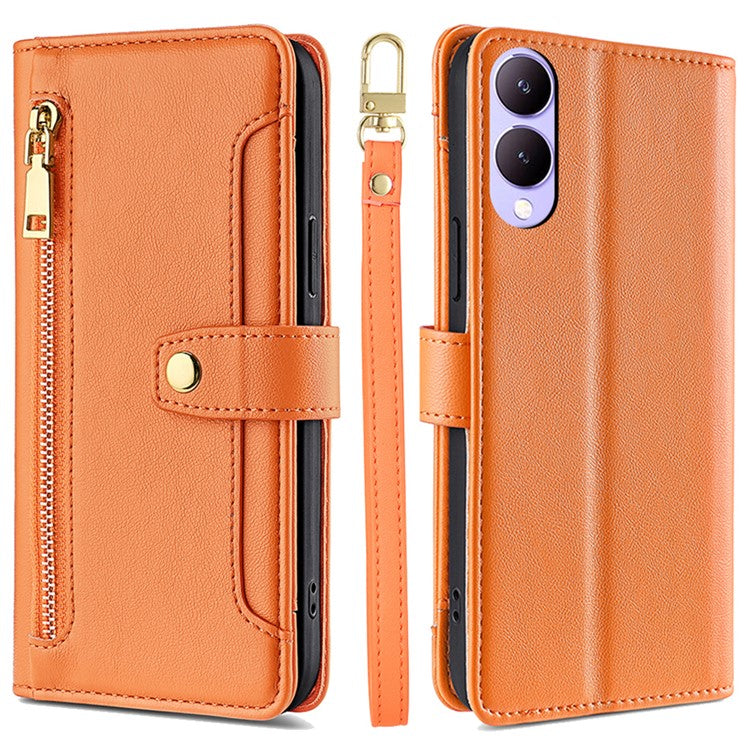 Wallet Case for vivo Y17s 4G Zipper Pocket Purse with Shoulder Wrist Strap PU Leather Phone Cover - Orange