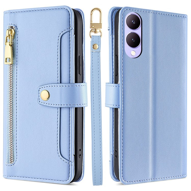 Wallet Case for vivo Y17s 4G Zipper Pocket Purse with Shoulder Wrist Strap PU Leather Phone Cover - Blue