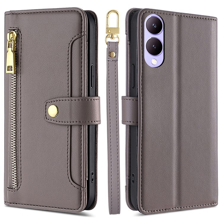 Wallet Case for vivo Y17s 4G Zipper Pocket Purse with Shoulder Wrist Strap PU Leather Phone Cover - Grey