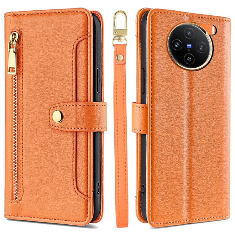 For vivo X100 5G Crossbody Wallet Case Stand Card Holder Phone Cover - Orange