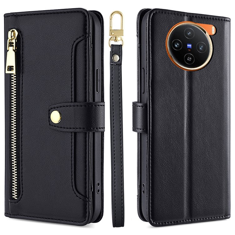 For vivo X100 5G Crossbody Wallet Case Stand Card Holder Phone Cover - Black