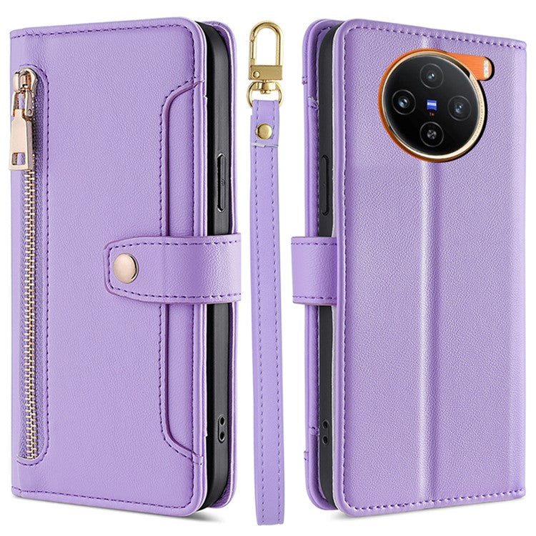 For vivo X100 5G Crossbody Wallet Case Stand Card Holder Phone Cover - Purple