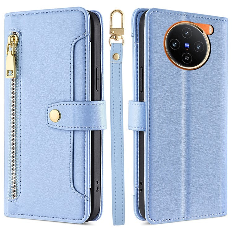 For vivo X100 5G Crossbody Wallet Case Stand Card Holder Phone Cover - Blue