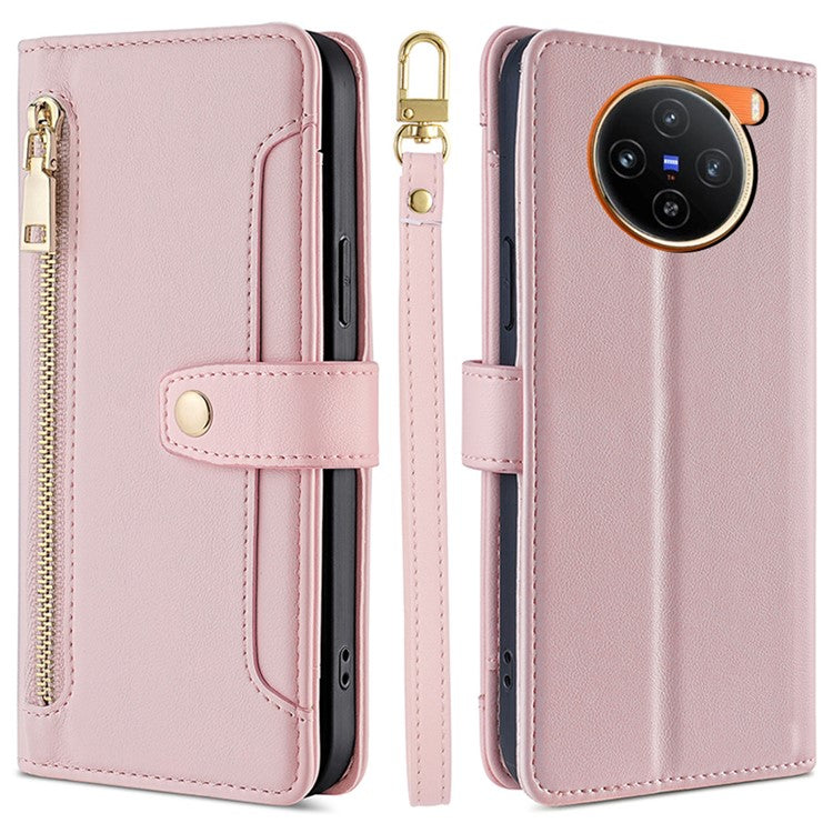 For vivo X100 5G Crossbody Wallet Case Stand Card Holder Phone Cover - Pink