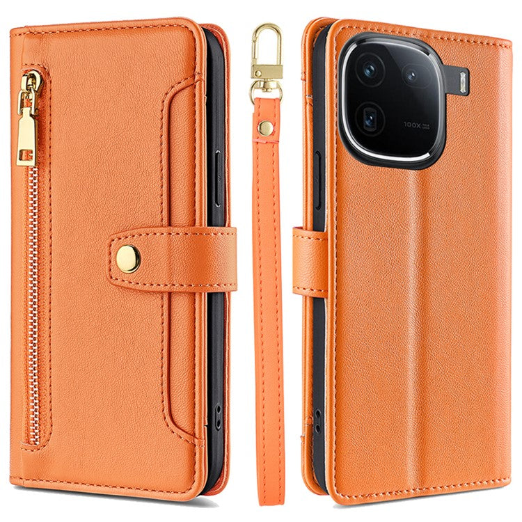 For vivo iQOO 12 Pro 5G Case PU Leather Wallet Phone Crossbody Flip Cover Shoulder Wrist Straps - Orange