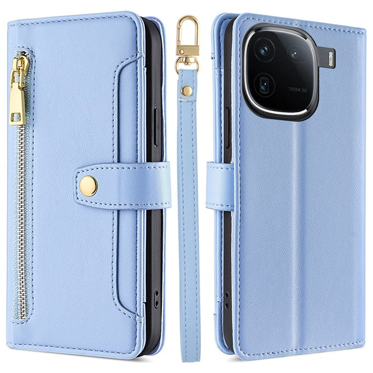 For vivo iQOO 12 Pro 5G Case PU Leather Wallet Phone Crossbody Flip Cover Shoulder Wrist Straps - Blue