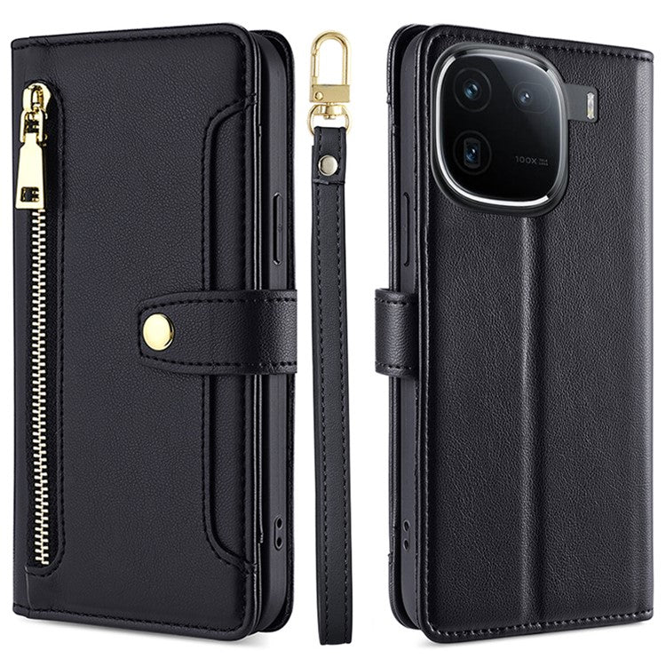 For vivo iQOO 12 5G Zipper Pocket Phone Case with 6-Card Holder PU Leather Crossbody Cover - Black