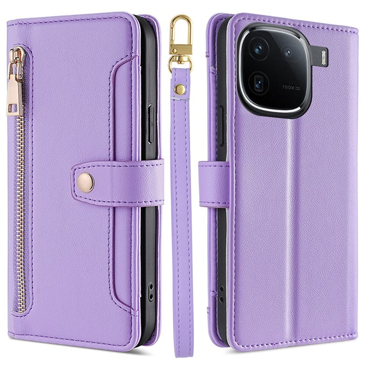 For vivo iQOO 12 5G Zipper Pocket Phone Case with 6-Card Holder PU Leather Crossbody Cover - Purple