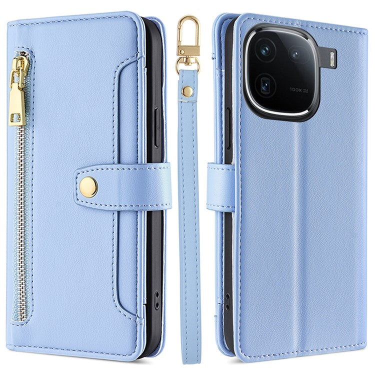 For vivo iQOO 12 5G Zipper Pocket Phone Case with 6-Card Holder PU Leather Crossbody Cover - Blue