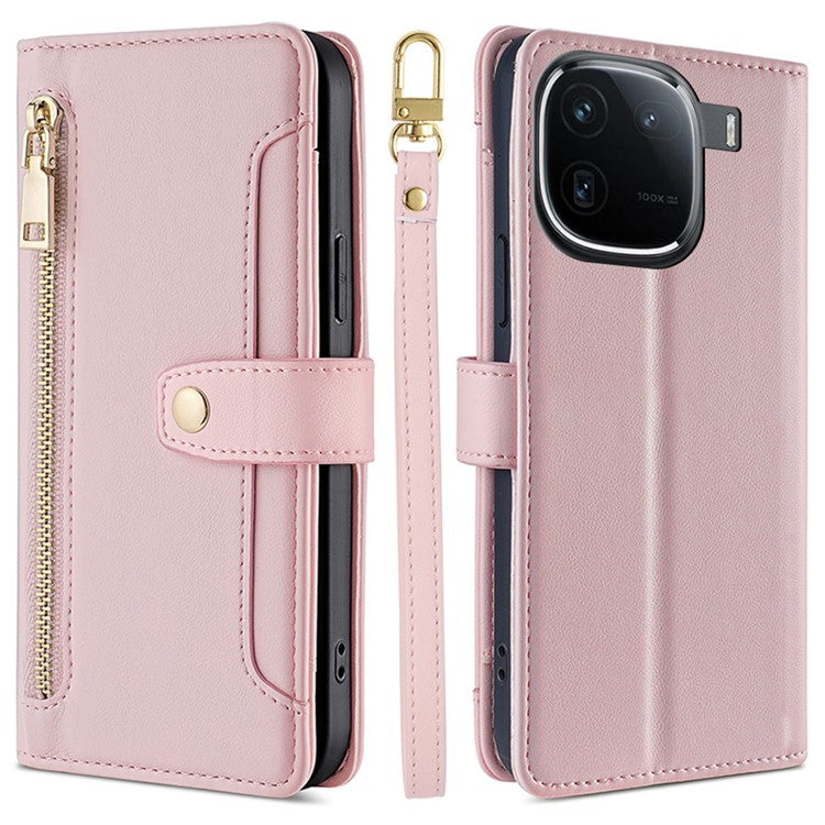 For vivo iQOO 12 5G Zipper Pocket Phone Case with 6-Card Holder PU Leather Crossbody Cover - Pink