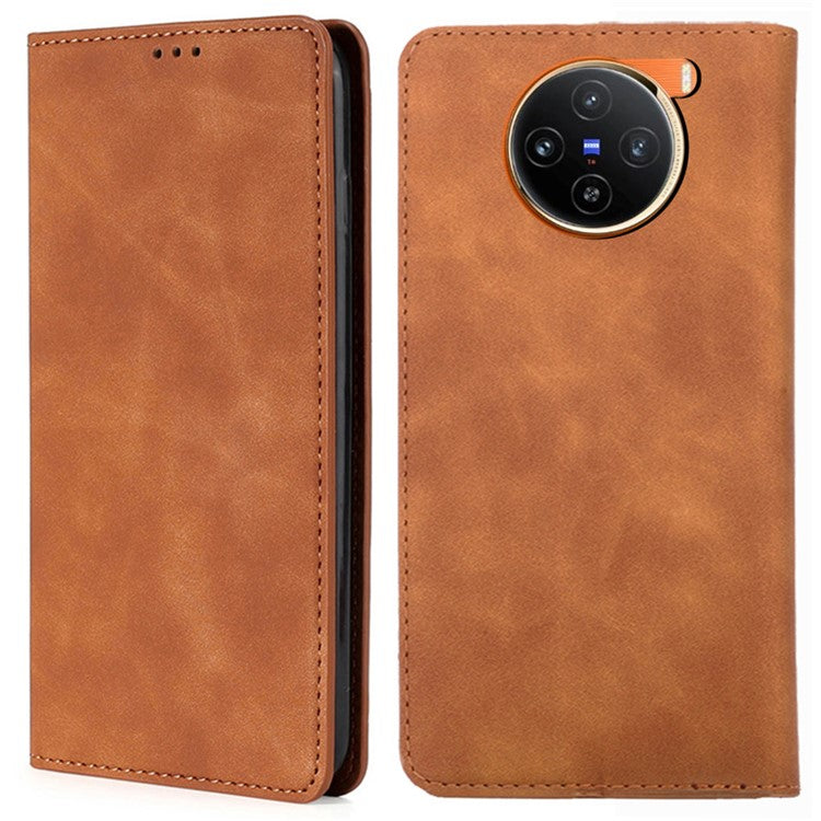 For vivo X100 5G Case with 2 Card Holder Slot Leather Magnetic Closure Cover - Light Brown