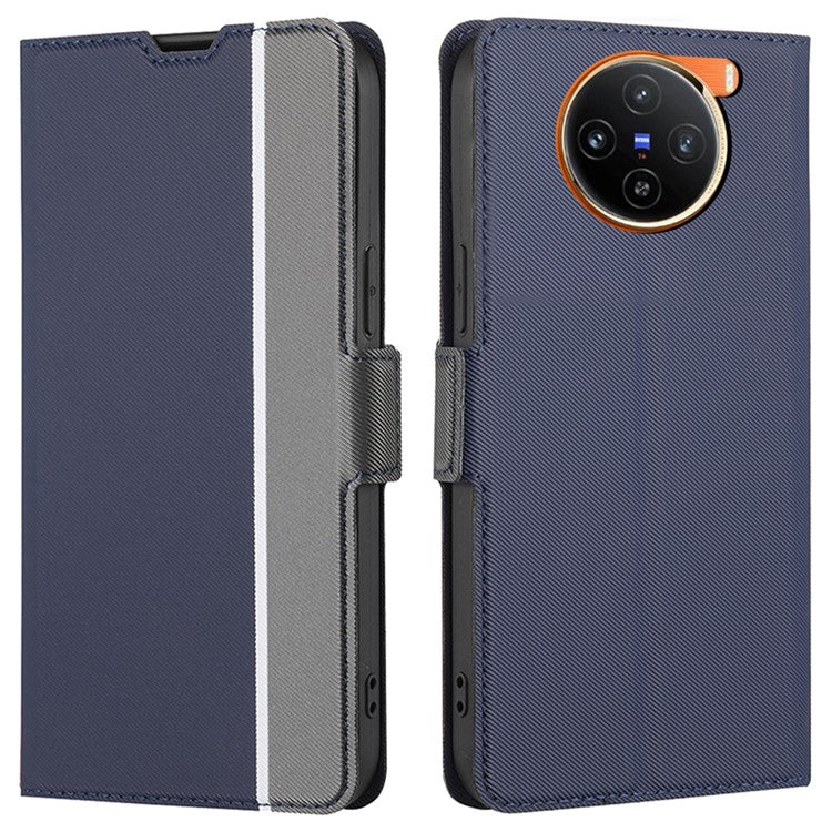 For vivo X100 5G Leather Folio Case with Stand Card Slot TPU Shell Shockproof Flip Phone Cover - Blue