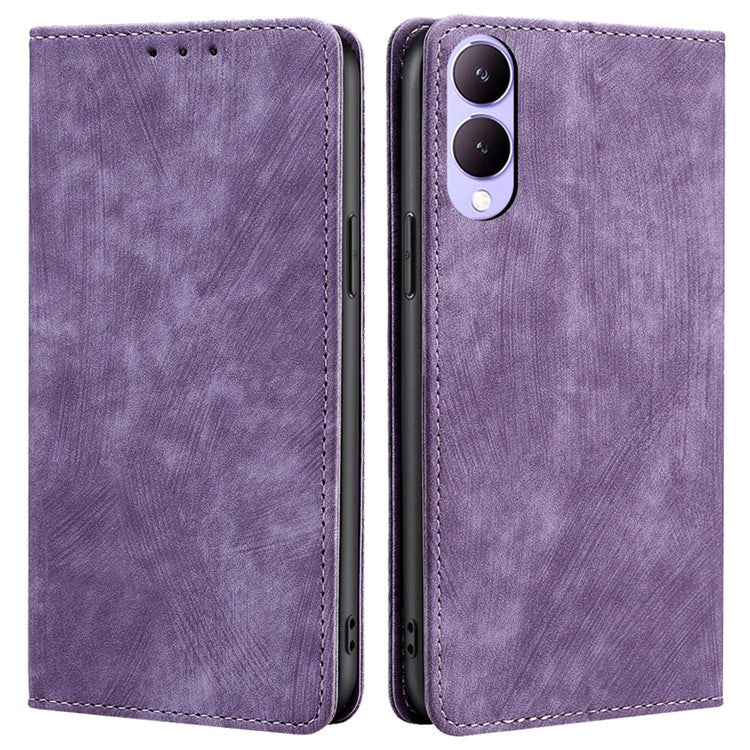 For vivo Y17s 4G Leather Case Anti-scratch RFID Blocking Phone Stand Cover with Magnetic Closure - Purple