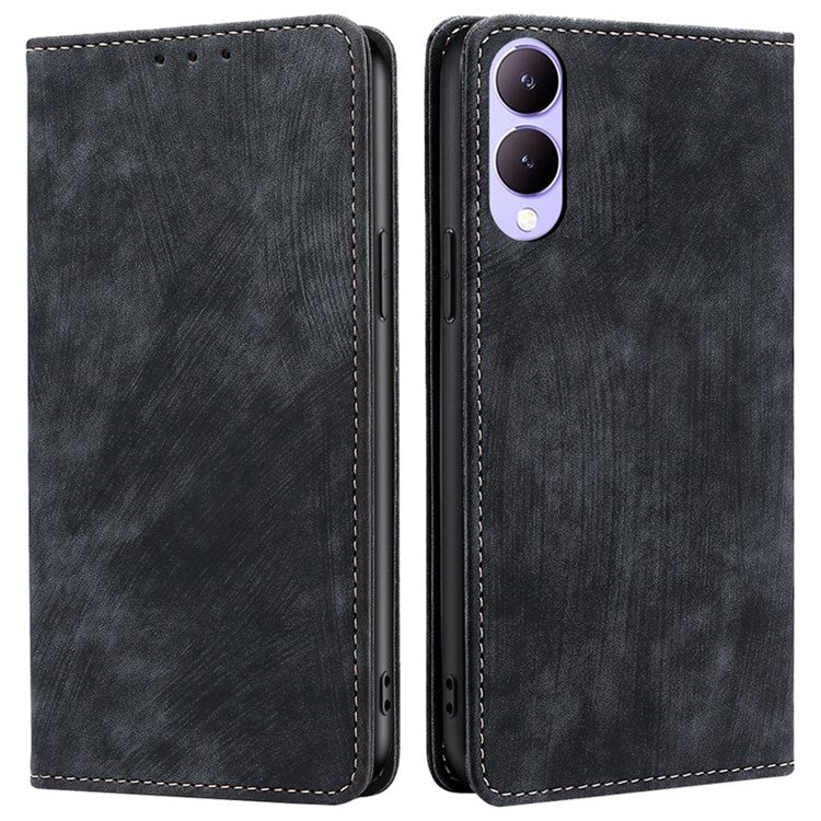 For vivo Y17s 4G Leather Case Anti-scratch RFID Blocking Phone Stand Cover with Magnetic Closure - Black