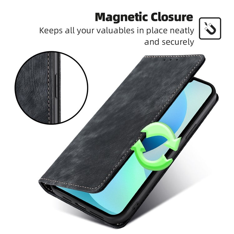 For vivo Y17s 4G Leather Case Anti-scratch RFID Blocking Phone Stand Cover with Magnetic Closure - Black