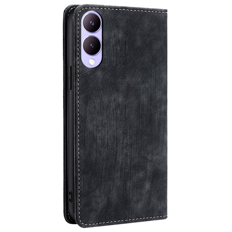 For vivo Y17s 4G Leather Case Anti-scratch RFID Blocking Phone Stand Cover with Magnetic Closure - Black