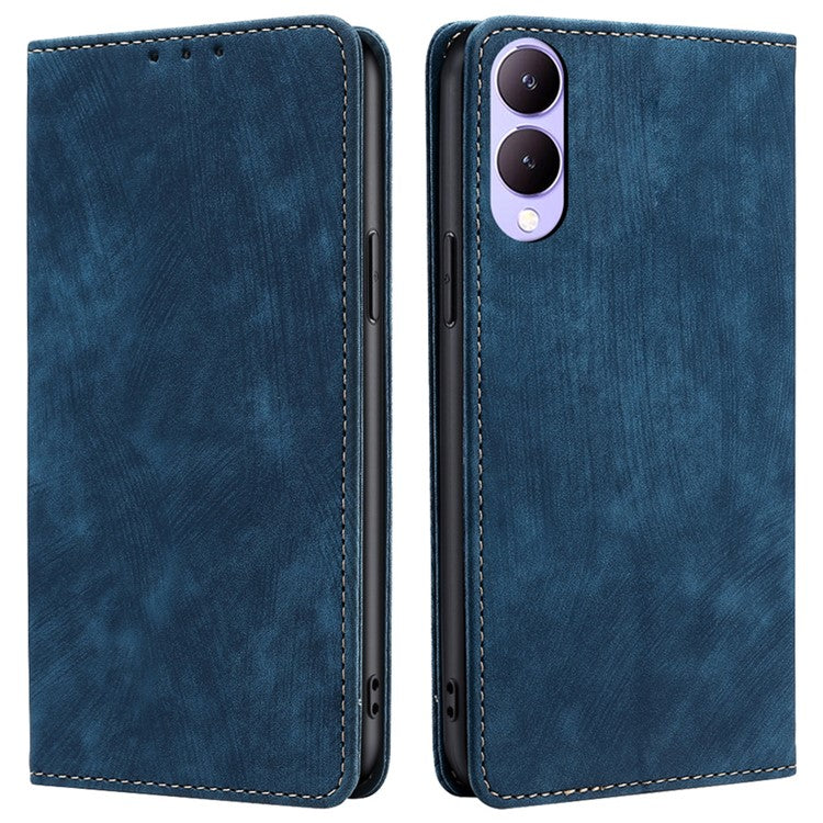 For vivo Y17s 4G Leather Case Anti-scratch RFID Blocking Phone Stand Cover with Magnetic Closure - Blue