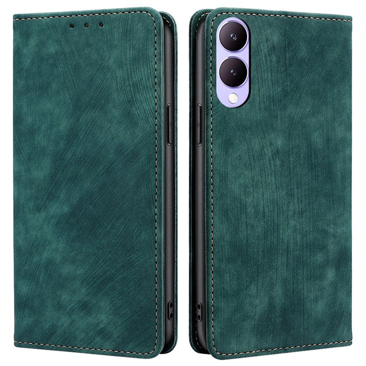 For vivo Y17s 4G Leather Case Anti-scratch RFID Blocking Phone Stand Cover with Magnetic Closure - Green