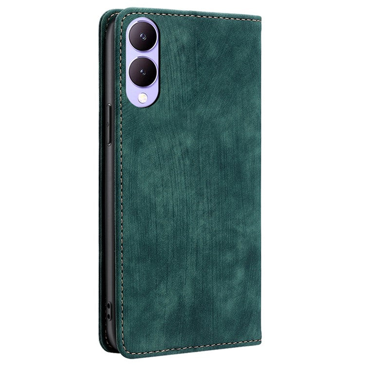 For vivo Y17s 4G Leather Case Anti-scratch RFID Blocking Phone Stand Cover with Magnetic Closure - Green