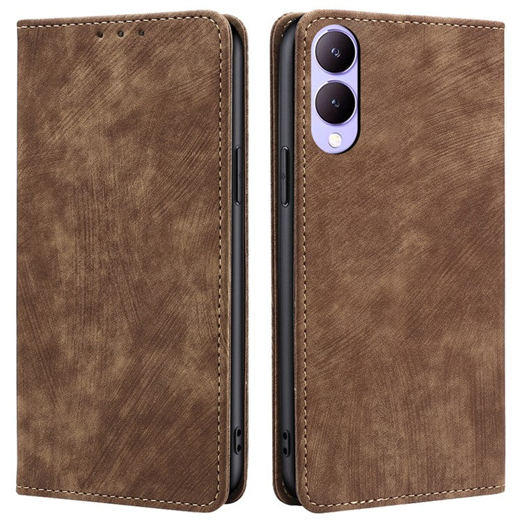 For vivo Y17s 4G Leather Case Anti-scratch RFID Blocking Phone Stand Cover with Magnetic Closure - Brown