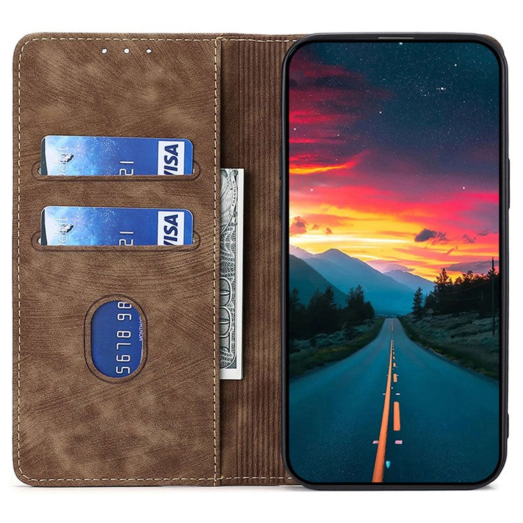 For vivo Y17s 4G Leather Case Anti-scratch RFID Blocking Phone Stand Cover with Magnetic Closure - Brown