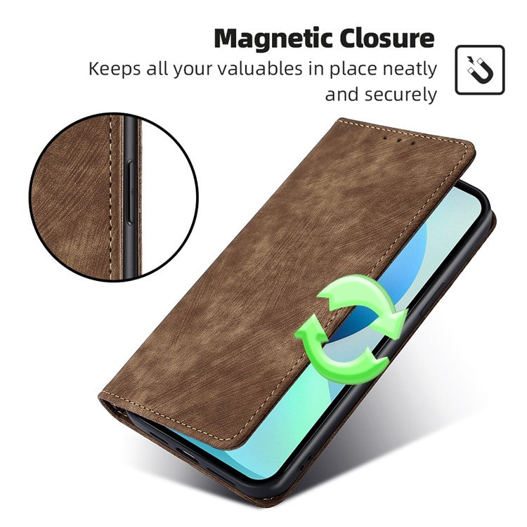 For vivo Y17s 4G Leather Case Anti-scratch RFID Blocking Phone Stand Cover with Magnetic Closure - Brown