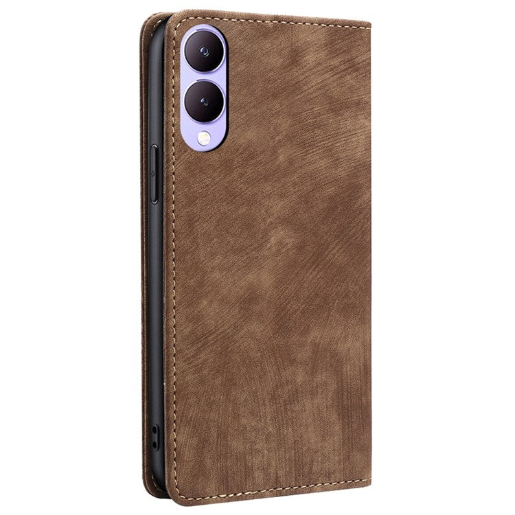 For vivo Y17s 4G Leather Case Anti-scratch RFID Blocking Phone Stand Cover with Magnetic Closure - Brown