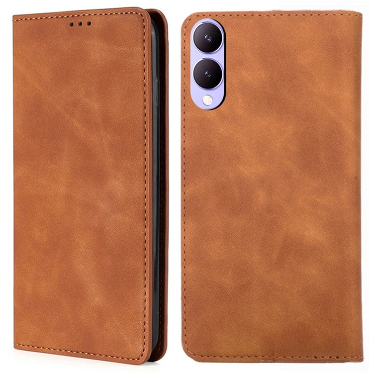 For vivo Y17s 4G Case 2 Card Holder Slot PU Leather Phone Cover Skin Touch Feeling - Light Brown