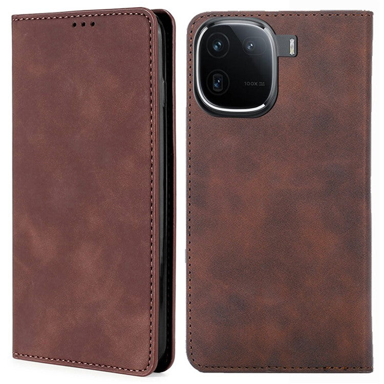 Leather Case for vivo iQOO 12 5G Folding Stand Cover with Card Slots - Dark Brown