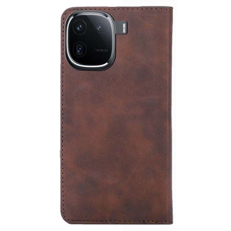 Leather Case for vivo iQOO 12 5G Folding Stand Cover with Card Slots - Dark Brown