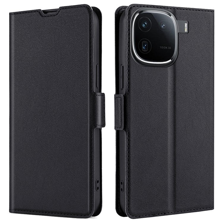 For vivo iQOO 12 5G Leather Case Card Holder Phone Cover Side Magnetic Clasp - Black