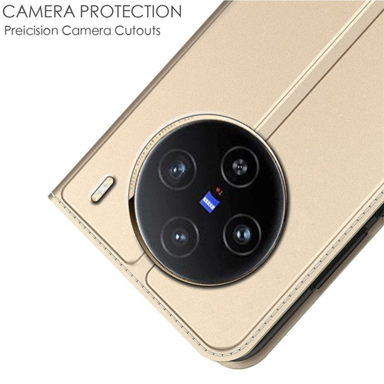 For vivo X100 5G Leather Phone Case Magnetic Phone Stand Cover - Gold