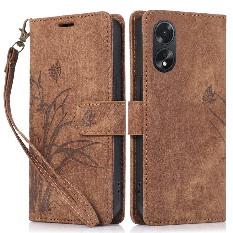 Wallet Leather Cover for Oppo A78 4G Shell Imprint Orchid Butterfly Pattern Phone Case - Brown