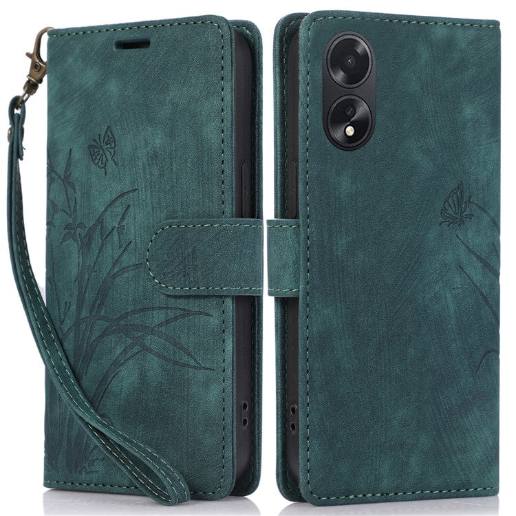 Wallet Leather Cover for Oppo A78 4G Shell Imprint Orchid Butterfly Pattern Phone Case - Green