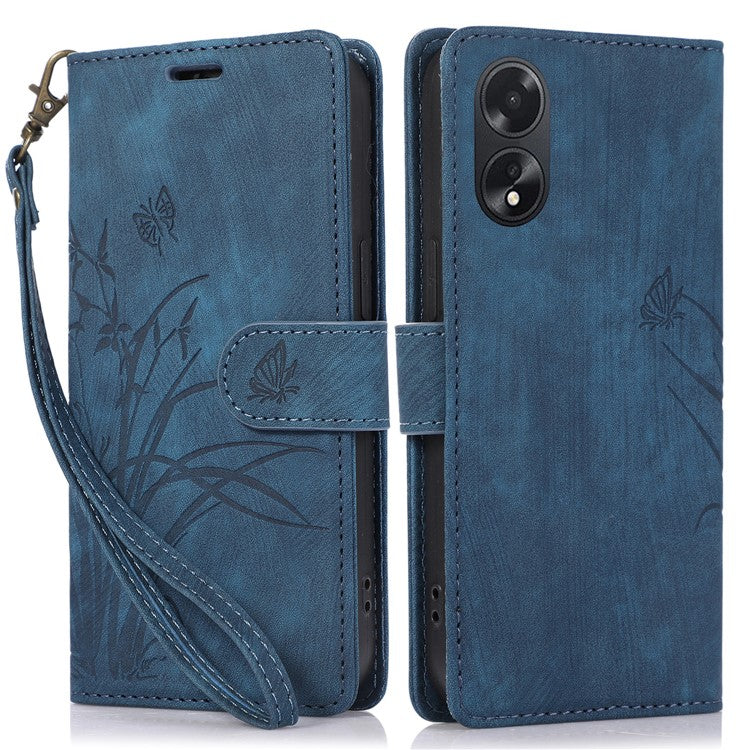 Wallet Leather Cover for Oppo A78 4G Shell Imprint Orchid Butterfly Pattern Phone Case - Blue