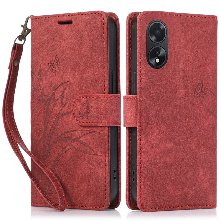 Wallet Leather Cover for Oppo A78 4G Shell Imprint Orchid Butterfly Pattern Phone Case - Red