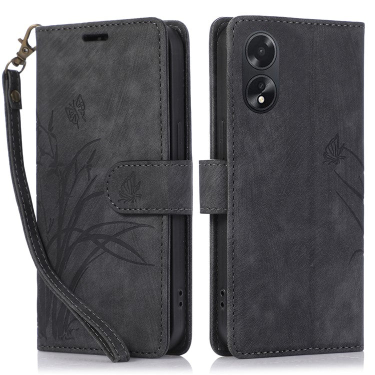 Wallet Leather Cover for Oppo A78 4G Shell Imprint Orchid Butterfly Pattern Phone Case - Black