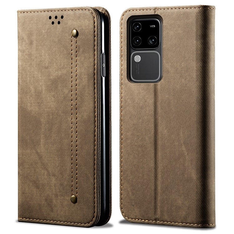 For vivo S18 Pro 5G Stand Case Wallet Jeans Cloth Texture PU Leather Phone Cover - Khaki