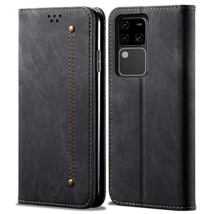 For vivo S18 Pro 5G Stand Case Wallet Jeans Cloth Texture PU Leather Phone Cover - Black