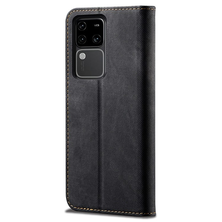 For vivo S18 Pro 5G Stand Case Wallet Jeans Cloth Texture PU Leather Phone Cover - Black