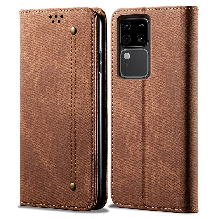 For vivo S18 Pro 5G Stand Case Wallet Jeans Cloth Texture PU Leather Phone Cover - Coffee