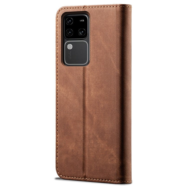 For vivo S18 Pro 5G Stand Case Wallet Jeans Cloth Texture PU Leather Phone Cover - Coffee