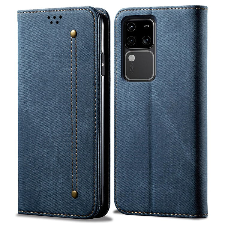 For vivo S18 Pro 5G Stand Case Wallet Jeans Cloth Texture PU Leather Phone Cover - Blue