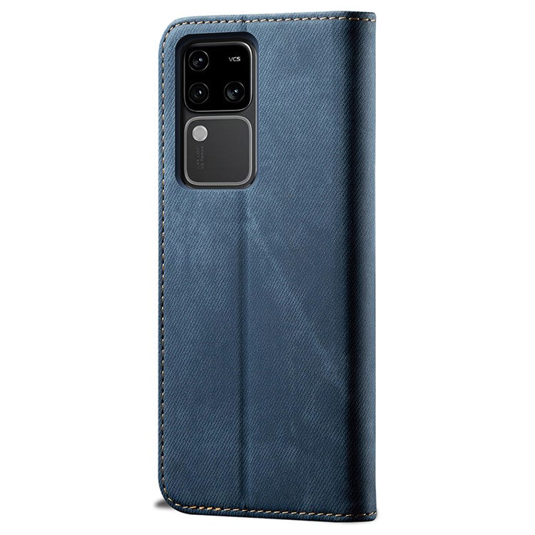 For vivo S18 Pro 5G Stand Case Wallet Jeans Cloth Texture PU Leather Phone Cover - Blue