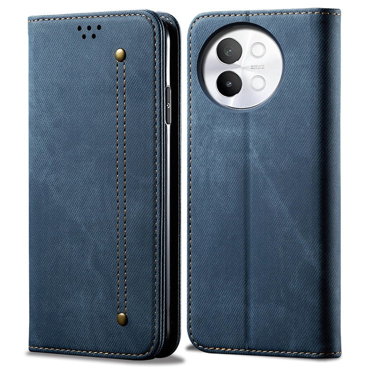 For vivo S18e 5G Phone Cover Stand Wallet Jeans Cloth Texture PU Leather Case - Blue