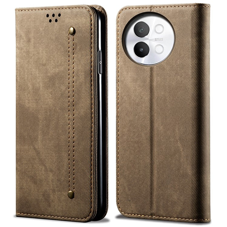 For vivo S18e 5G Phone Cover Stand Wallet Jeans Cloth Texture PU Leather Case - Khaki